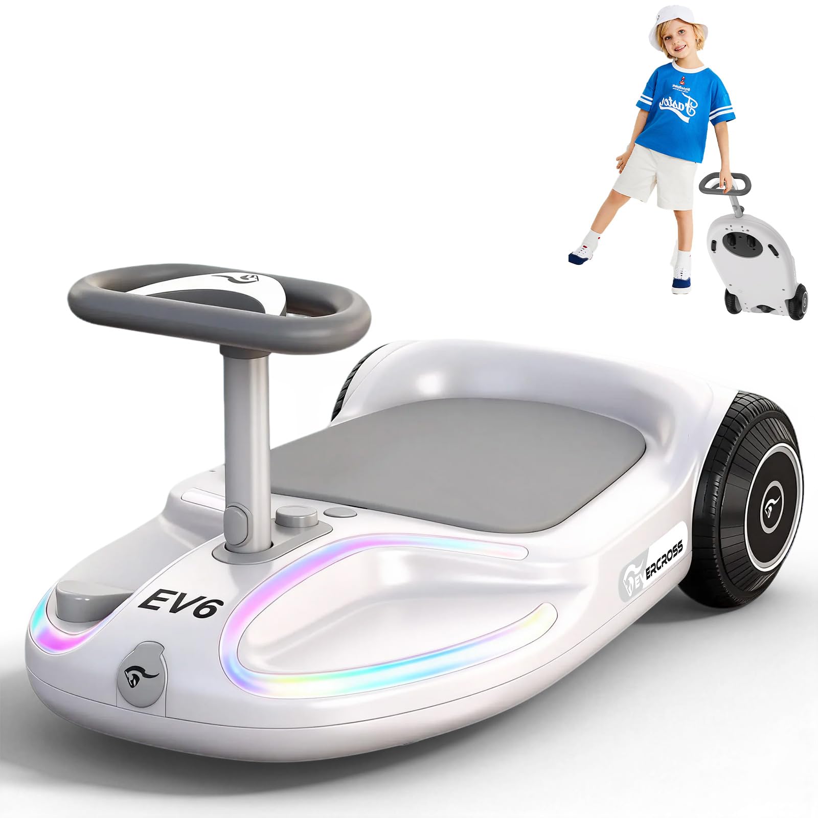 EVERCROSS EV6 Coche Eléctrico Infantil, 4-en-1 Recargable Carro, 3 Velocidades, Motor Brushless 90W, Anti-vuelco, Luces LED & Bluetooth, Patinete Eléctrico Plegable con Volante 360° para Niños