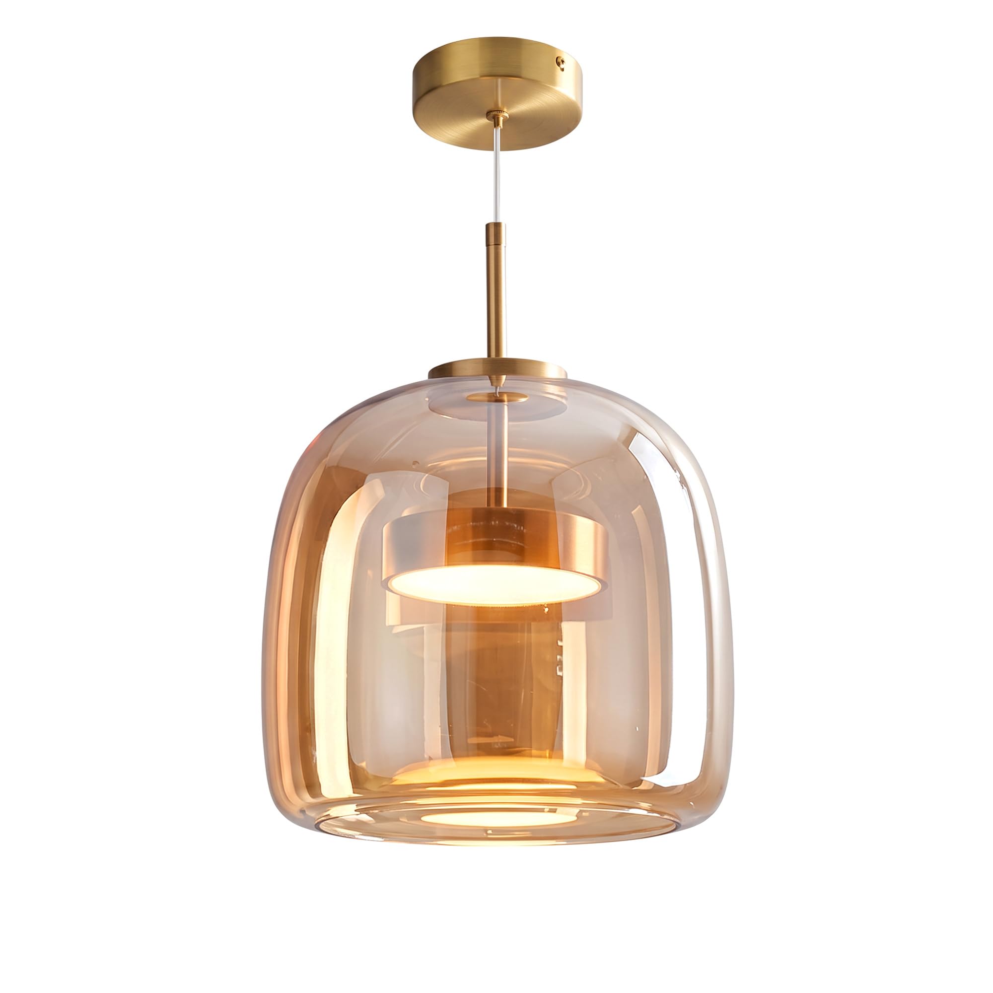 Générique Suspension Verre Fumé LED Intégrée Ø26 cm Dorée, Lampe Suspendue Verre Ambré Double Paroi, Blanc Chaud, LED de Rechange Incluse, Câble Réglable 230 cm, Salon Cuisine Salle à Manger