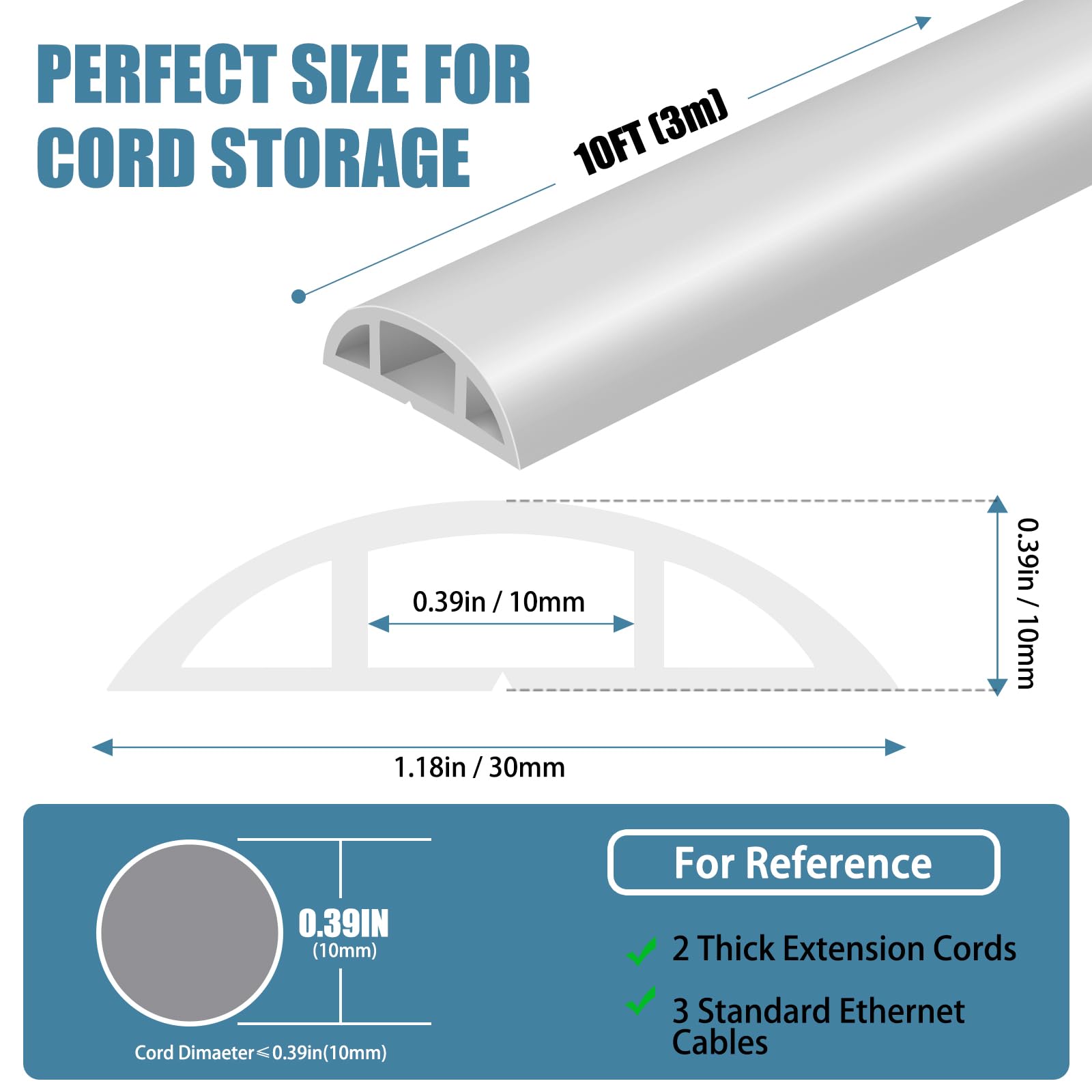 Passe-câbles autocollant 3 m - En PVC flexible - Bureau, concerts - Protection des câbles, prévention des trébuchements (3 m, blanc) - 3