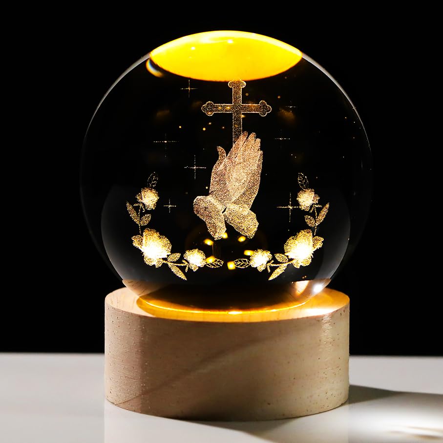 Enjinkail 3D Crystal Crossing Hands Prayer Ball with Wooden LED Base Christian Gifts for Women Men Religious Gifts for Women Men Glass Religious Home Decor Praying Hands Ball