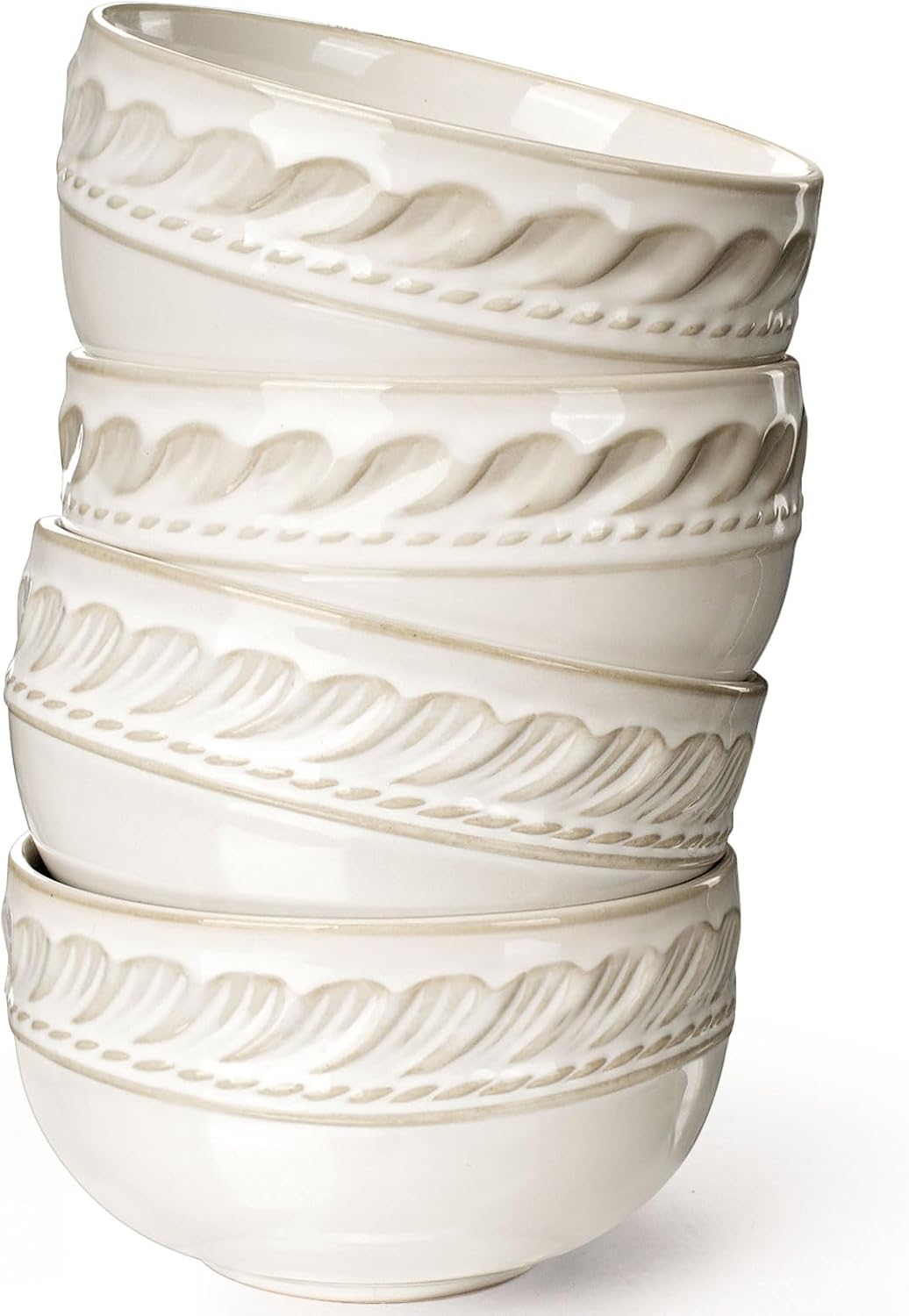 Artena Ceramic Pasta Bowls Set of 4-9.85 Inch Large Salad Bowl, 25 oz Serving Bowls for Soup, Small Bowl Set of 4, 12 oz Ceramic Embossment Dessert Bowls, white Bowl for Kitchen
