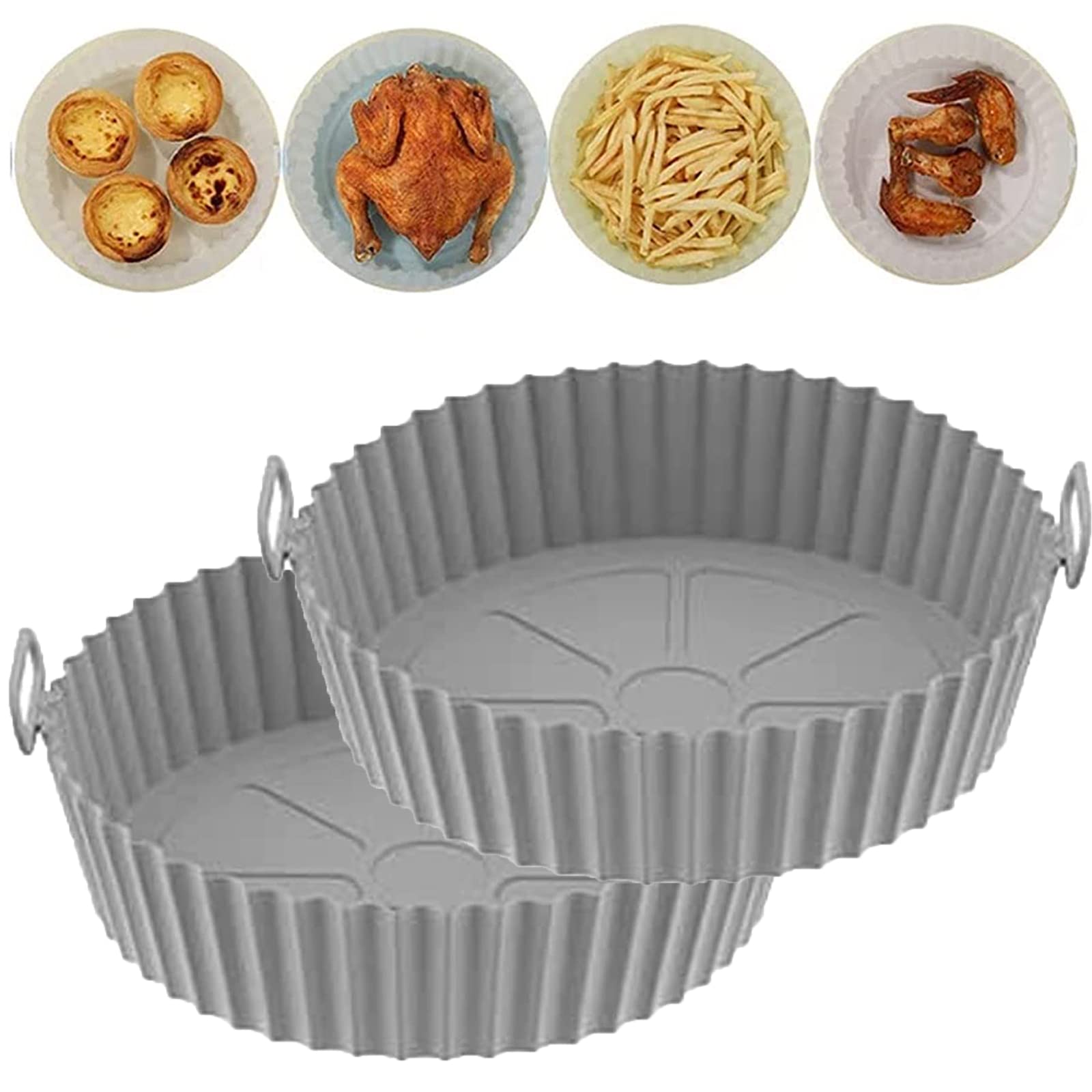 Lot de 2 plaques de cuisson en silicone réutilisables pour friteuse à air comprimé pour panier de 3,6 à 6,8 litres, résistant à l'huile, à l'eau, de qualité alimentaire (épaisseur 1,5 mm, gris)