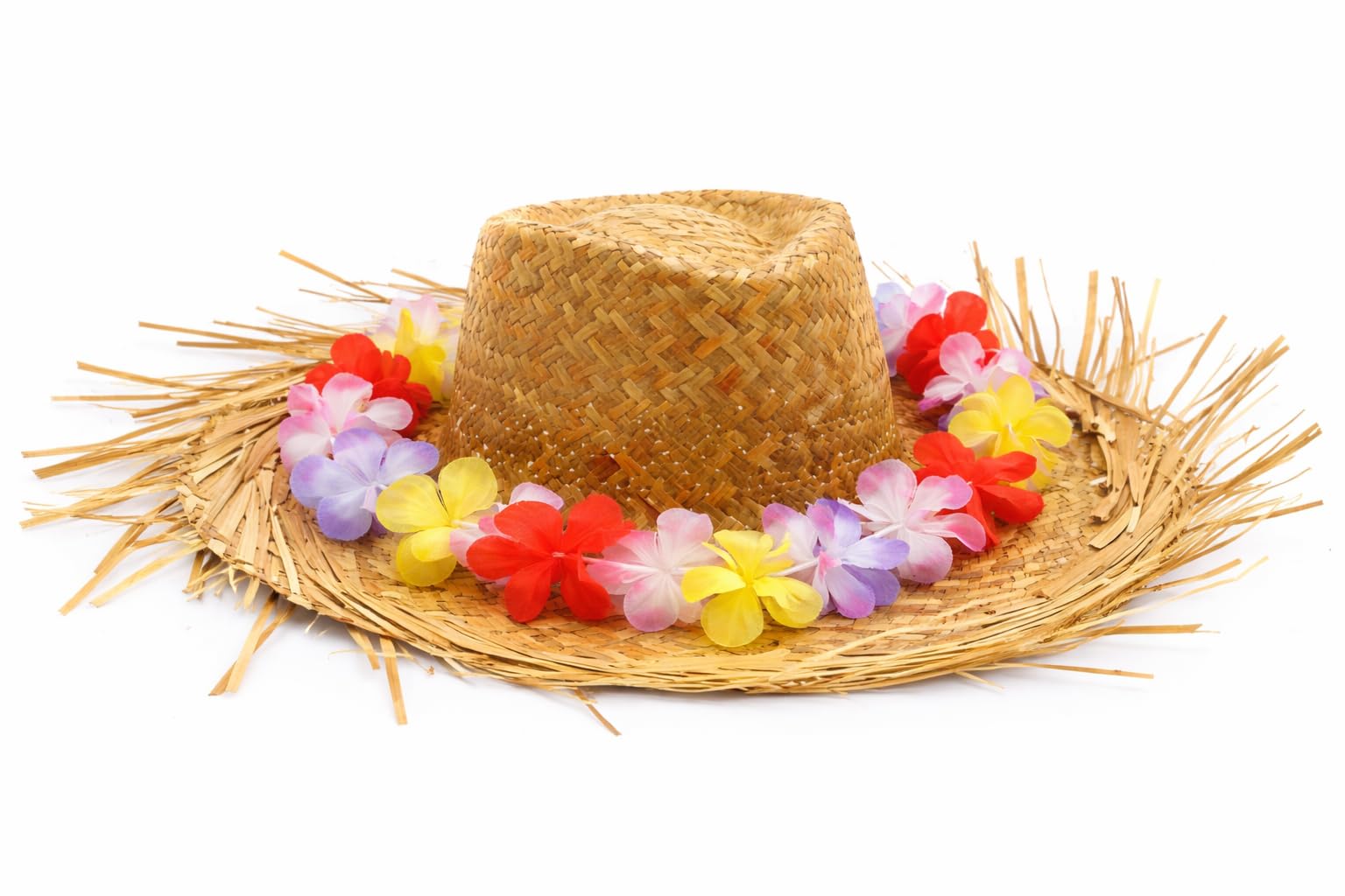 Party-Set für Erwachsene – Strohhut mit Fransen + Hawaii-Blumenkette – Geflochtener Sommer- & Strandhut – Ideal für JGA, Fasching, Strand & Halloween – Einheitsgröße ca. 39 x 39 x 12 cm