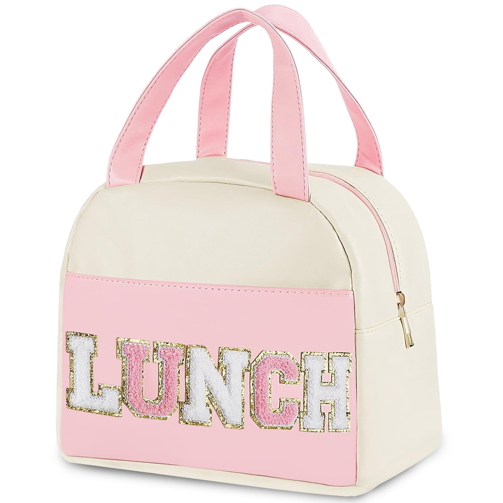 YIChongDan Lunch Bag for Women Teen Girls Kids Adults Large Lunch Box Preppy Cute Pink Lunch Bag with Letter Big Thermal Freezable Reusable Lunch Tote Bag Organizer for Picnic School Work