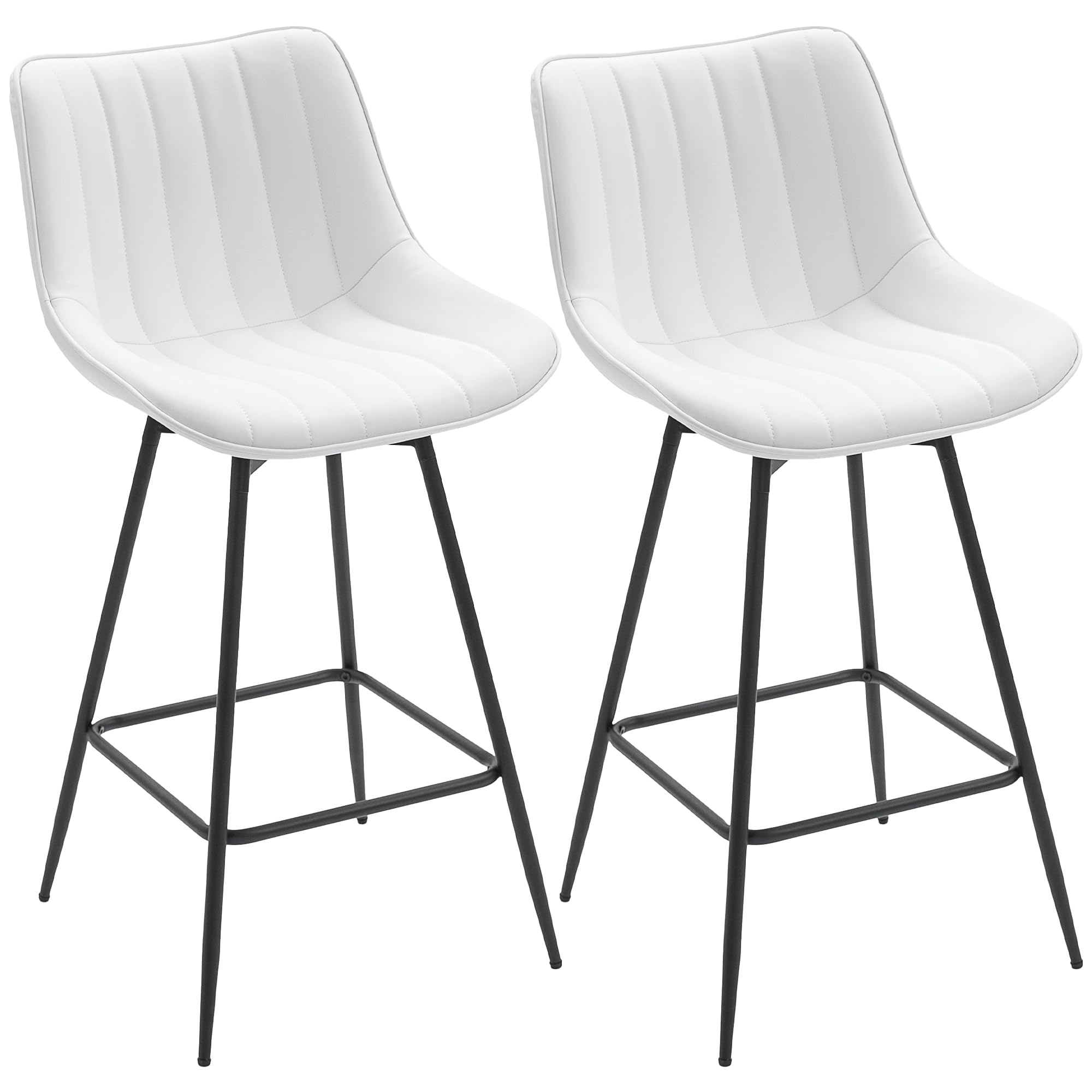 HOMCOM Juego de 2 Taburetes de Bar Giratorios, Taburetes Altos de Cocina con Respaldo Curvado y Reposapiés, Tapizado en PU, Marco de Acero, Sillas Altas de Cocina para Comedor, Salón, Blanco