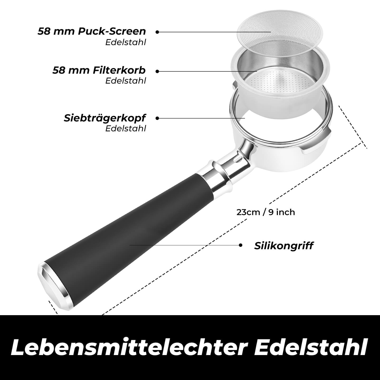 58 mm Bodenloser Siebträger mit 2 Ohren – Kompatibel mit Sage Dual Boiler/Oracle/Oracle Touch/Oracle Jet, inkl. 2 Puck Screens & Doppel‑Siebe