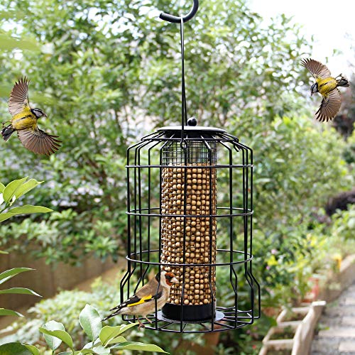 SAND MINE Wild Bird Feeder, Caged Tube Feeder, Squirrel Proof Outdoor Birdfeeder with Large Mesh Metal Seed Guard Deterrent for Large Birds, Black