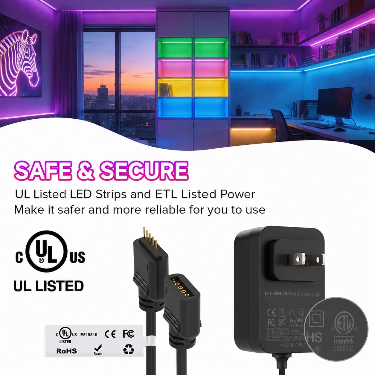 BTF-LIGHTING 9.8FT RGB Color Changing UL Listed DC12V COB LED Strip Kit image 3
