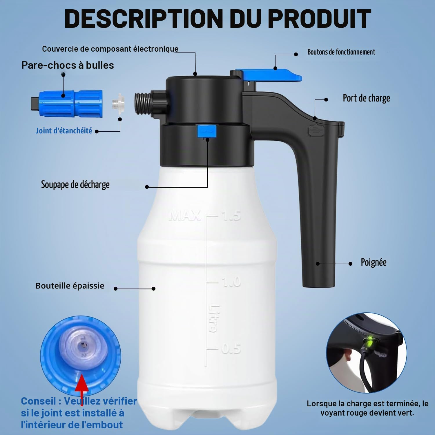 VOBOR Pulvérisateur à Mousse Électrique, 1.5L Batterie USB C Rechargeable, sans Fil Canon a Mousse Voiture pour Nettoyage de Voitures, Roues, Vitres