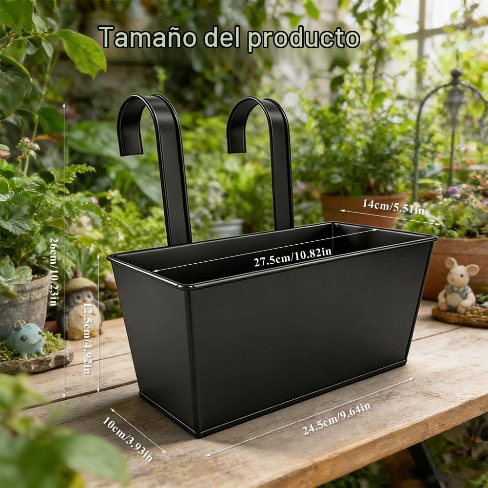 4 macetas colgantes de metal, grandes macetas para colgar con gancho extraíble, 27,5 cm, macetas colgantes para balcón, valla, jardín, pared, casa, casa, decoración, macetero decorativo (negro)