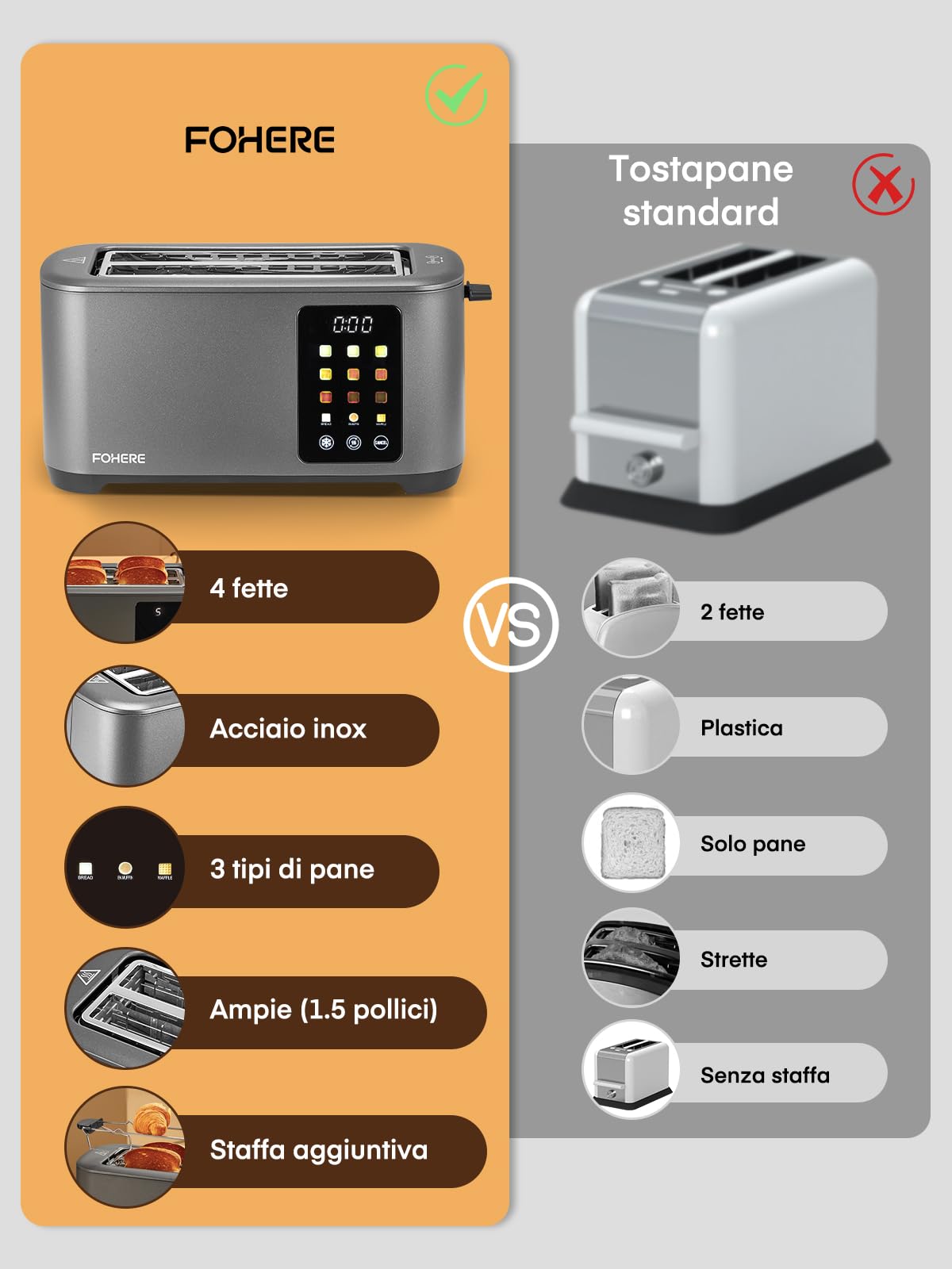 Tostapane 4 Fette con Touch Screen, Ampia Fessura e 9 Livelli, Acciaio Inossidabile, Vassoio Estraibile, Funzioni Scongelamento/Riscaldamento