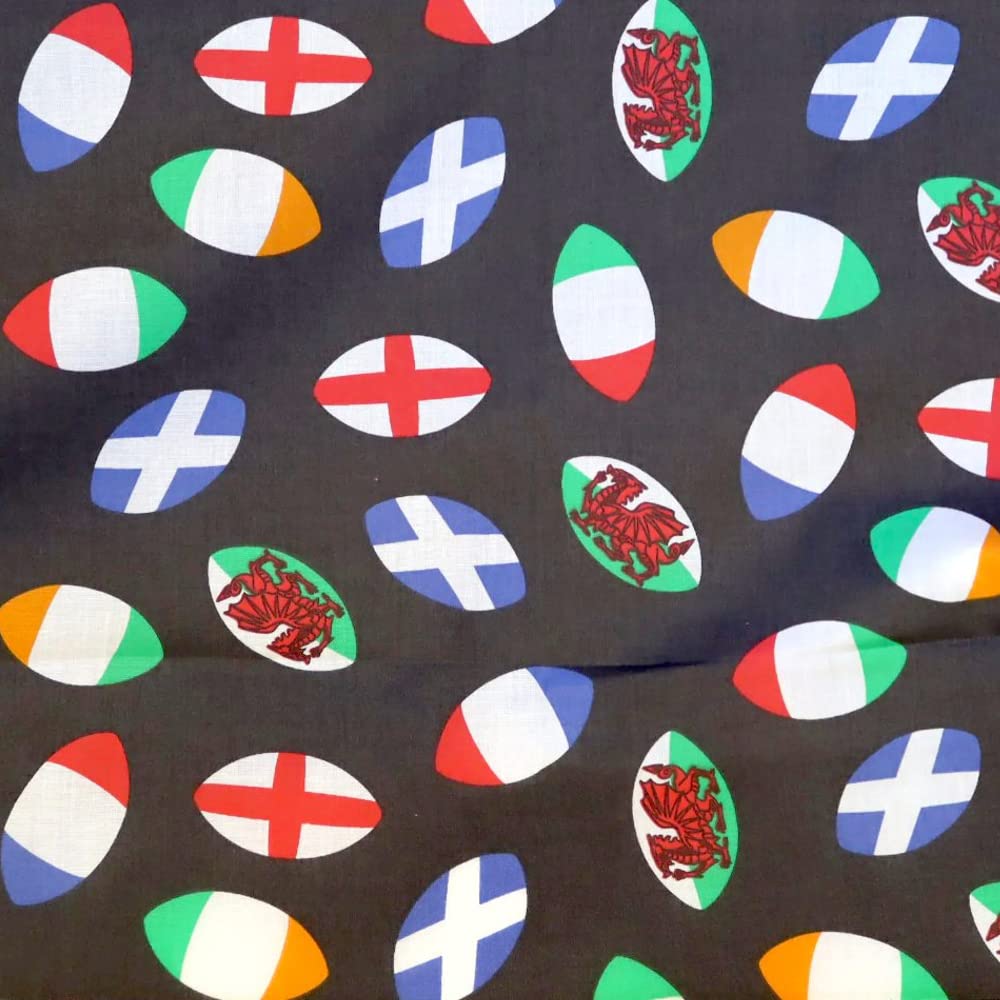 Polycotton Fabric Rugby Balls Six Nations Sold Per Metre (Black)