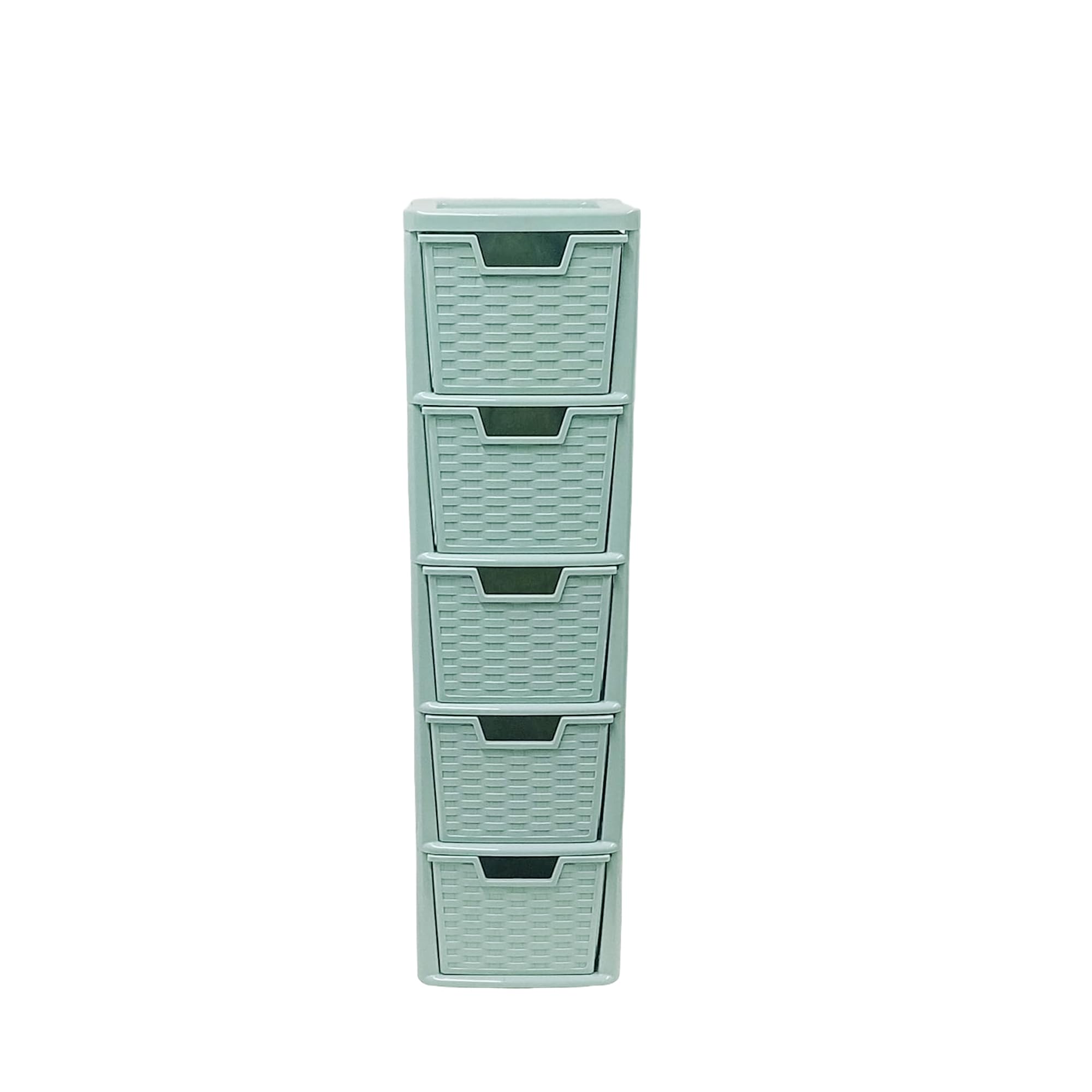 KYY'Z Rattan Effect Drawer Plastic Storage Organizer- Multipurpose Storage Drawer Unit Home Kitchen Office School Garage Bedroom Bathroom Stationery Toys 25Dx19Wx 78Hcm (Sage Green, 5 Tier)