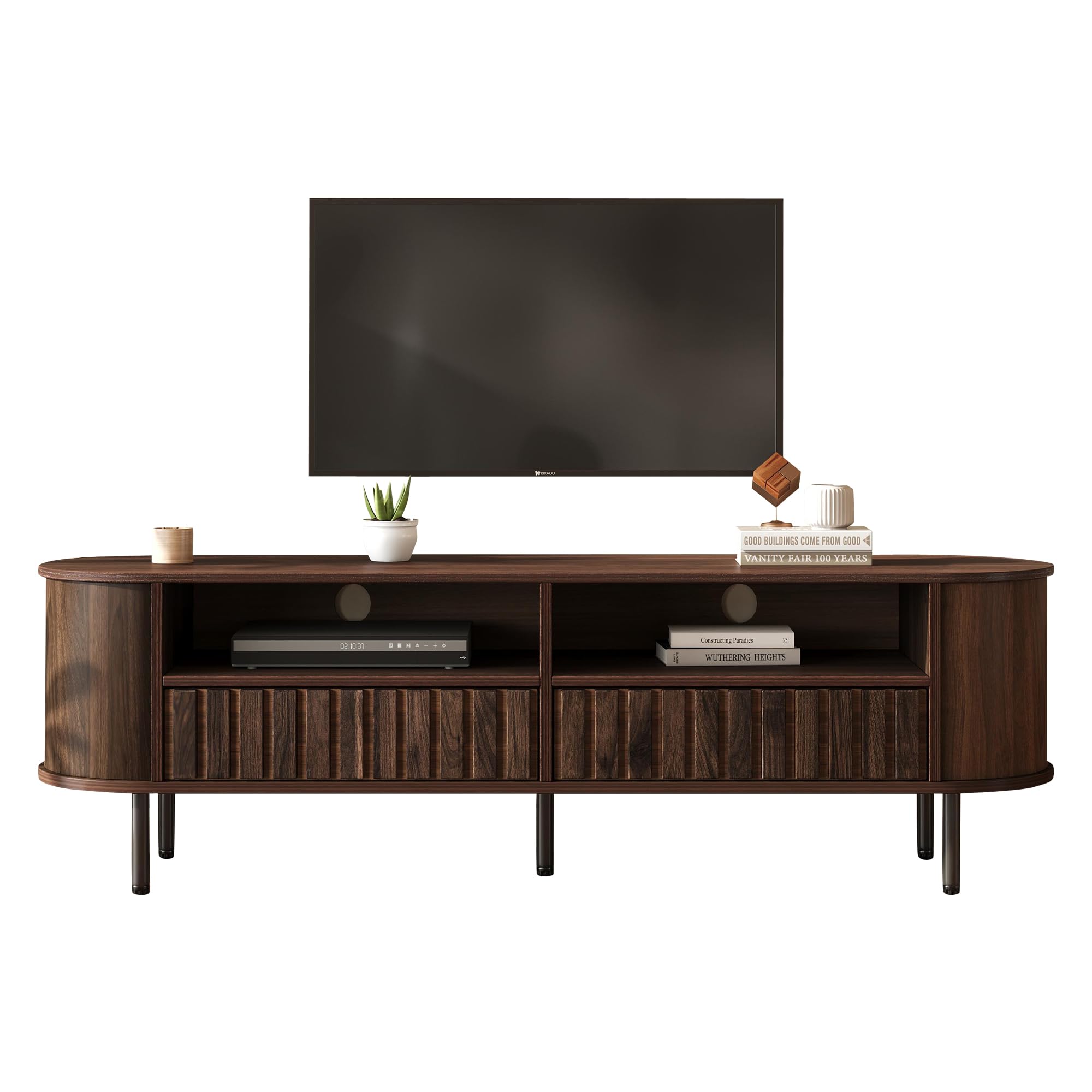 Fernsehschrank für 65 Zoll TV, Lowboard mit Schubladen & 5 Metallbeinen, Wohnzimmermöbel in Walnuss-Optik mit Stauraum, 160 x 40 cm, MDF, modern & stabil