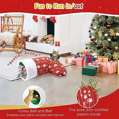 Image of Pawaboo Cat Tunnel Christmas Sock with Bell Balls, Upgraded 2 Way Cat Tunnel Interactive Toy, Pet Xmas Stocking with Crinkle Paper & Strong Spring-Steel Frame for Cat Kitten Kitty, Red Christmas Tree