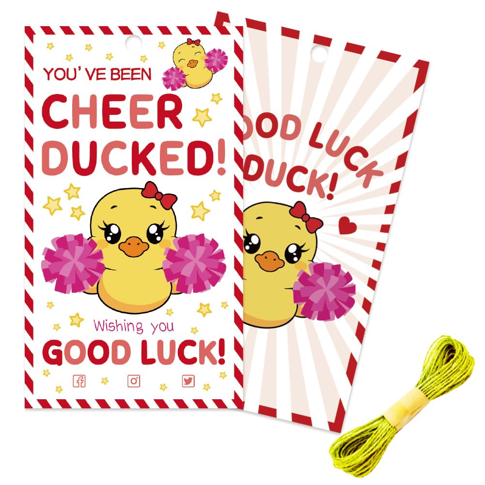 CREATCABIN 50Pcs You've Been Cheer Ducked Cards Good Luck Duck Cards Paper Pink Pom Pom Cheerleader Team Tag Inspirational Gift Accessories with 1.9yd Jute Rope for Teammates Competition 3.4 x 2in