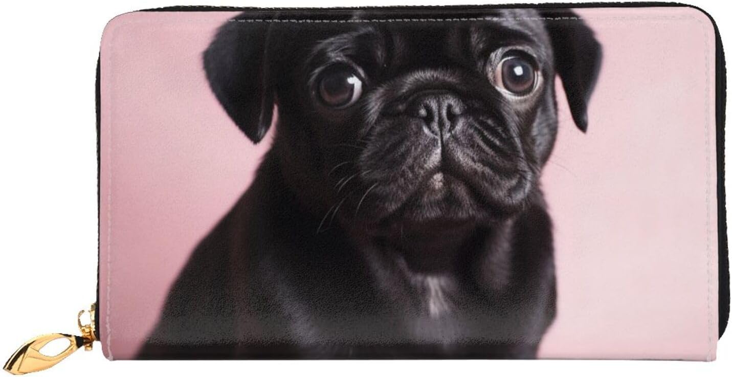 LHDGBNV かわいいブラックパグレザー財布 女性用 防水 ラウンドファスナー クラッチパース ラージクレジットカードホルダー 電