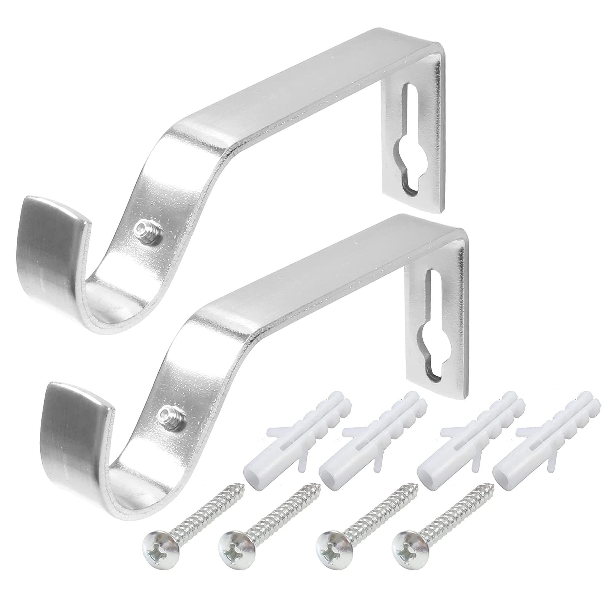 PLASTIFIC Set of 2 Curtain Pole Bracket Metal Heavy Duty Rod Wall Brackets Holder (Silver)
