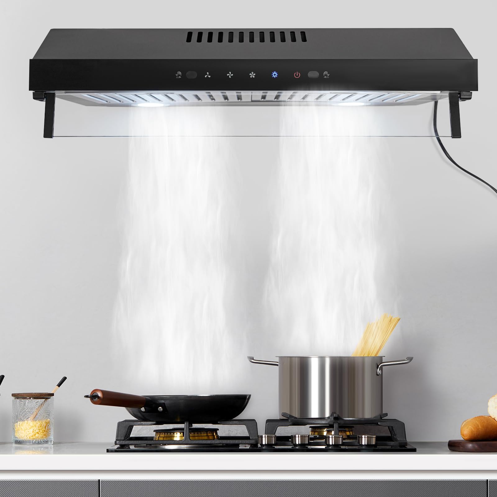 Hotte aspirante 60 cm - 2 × 100 W - Silencieuse - Avec contrôle tactile à 3 niveaux et 2 filtres - 2000 à 2200 tr/min - Hotte de cuisine avec 2 LED blanc froid et clapet anti-retour - Double moteur
