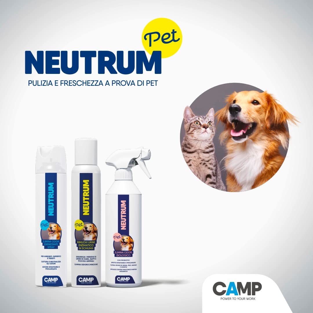 CAMP Neutrum Pet, KIT completo per animali domestici: Elimina odori (500 ml), Rimuovi urine in schiuma tascabile (200 ml) e Elimina odori igienizzante spray (300 ml).