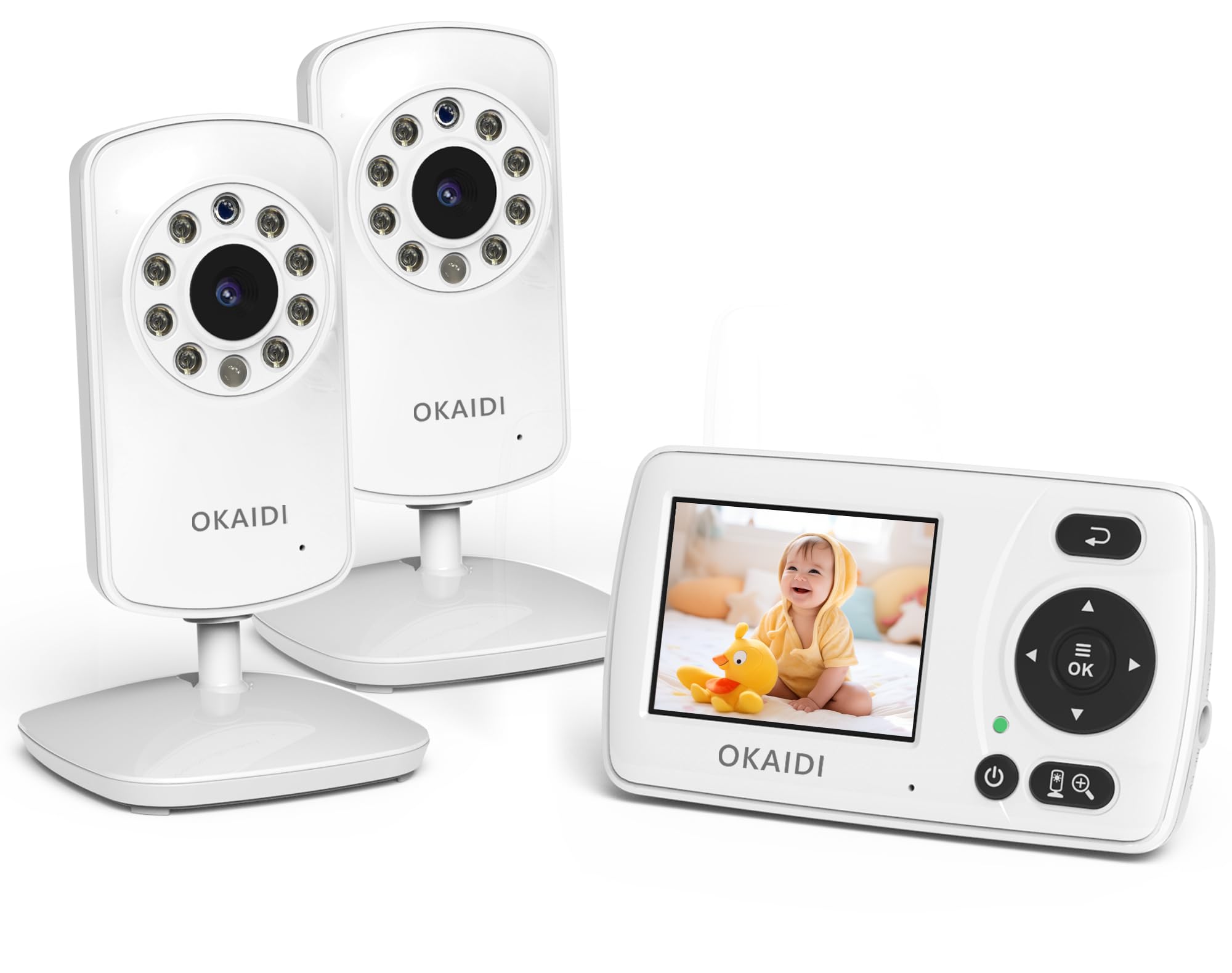 OKAIDI Video Baby Monitor with 2 Cameras, 2.4'' Portable Travel Screen, 1000ft Long Range Transmission, Baby Monitor No WiFi, Infrared Night Vision, VOX Mode, 20H Battery, Smart Alert