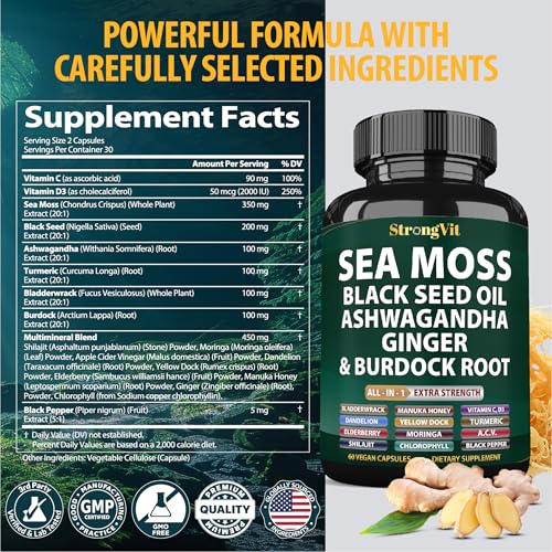 StrongVit Sea Moss 18-Ingredient Capsules with Bladderwrack & Burdock (60 ct) — view 7