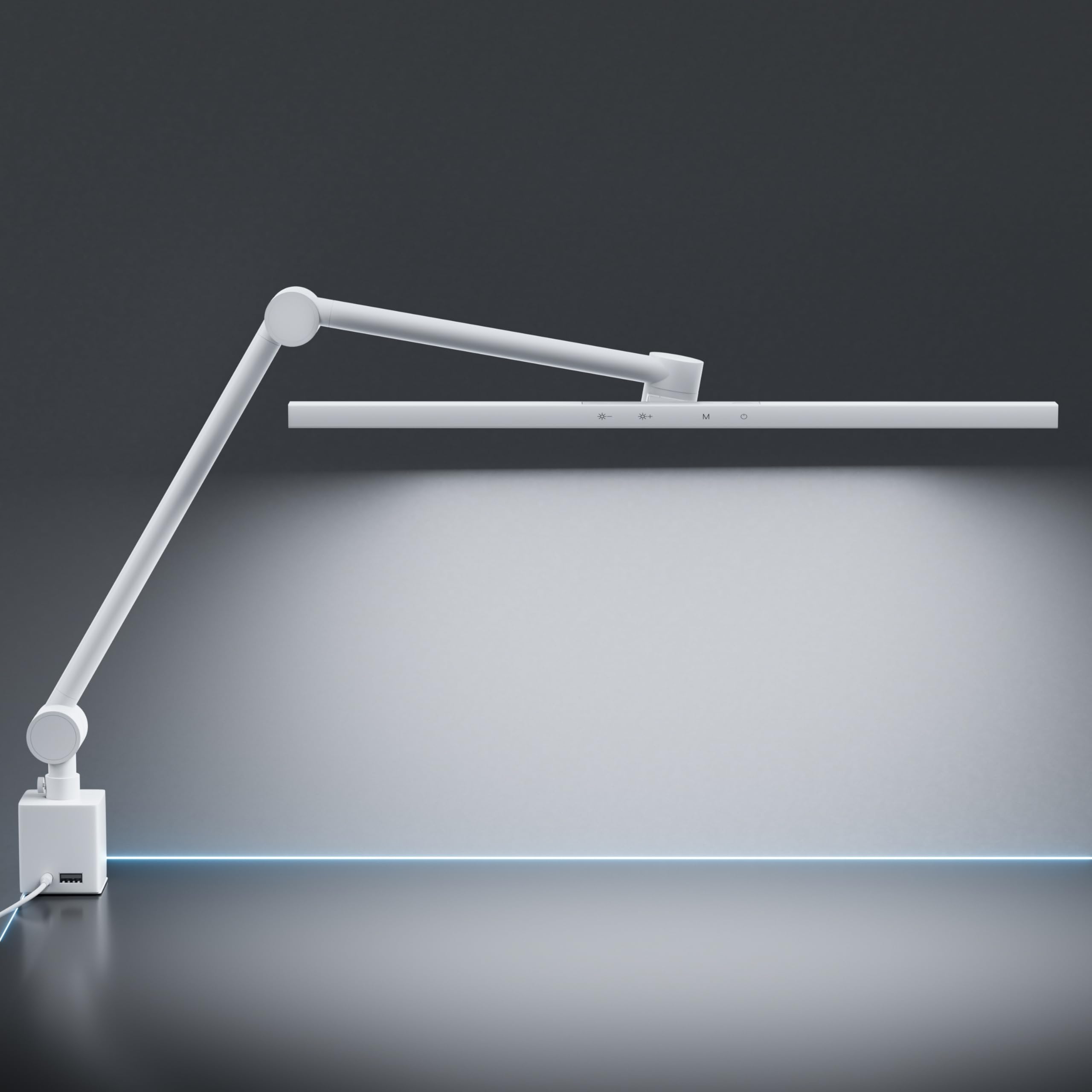 deeloop 2-Arms Swing Lange LED Schreibtischlampe mit Klemme, CRI 95+ Augenschonendes Licht, USB-Ladeausgang, 2-Stunden-Timer, dimmbare Schreibtischlampe mit Speicher, Architekten-Schreibtischlampen