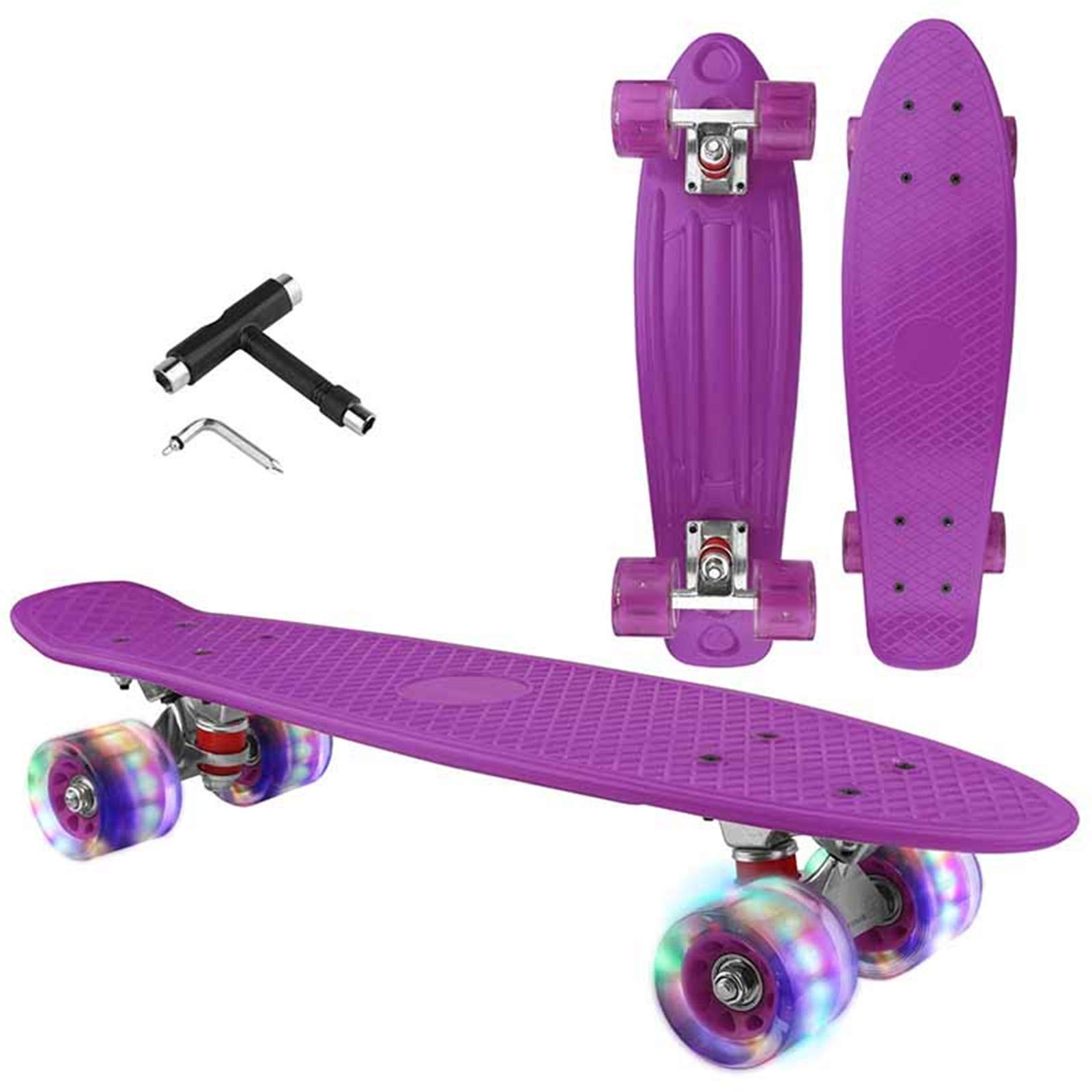 Skateboard Complet Mini Cruiser Planche À Roulettes En Plastique 22 Pouces Pour Enfants Garçons Filles Débutants Adolescents Adultes, LED Light Up Wheels Avec Roulements Et Tout-En-Un Skate T-Tool