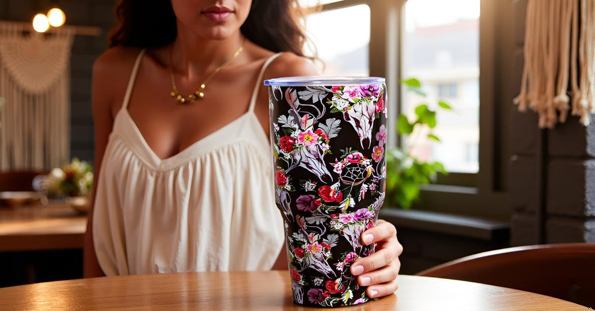 30oz Floral Stainless Steel Tumblers Travel Mug with Lid Vacuum Double Wall Insulation Drinking Cup Western CowCompound festival Gifts for Women (Black Bullskull) - Image 2