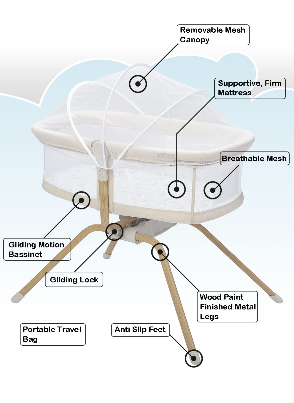 Primo Little Cloud Gliding Bassinet: Portable Folding Baby Bed with Removable Canopy, Travel Bag, and Mattress - Ideal Baby Bassinet, Lounger for Newborns, Bedside Sleeper, Perfect Travel Crib