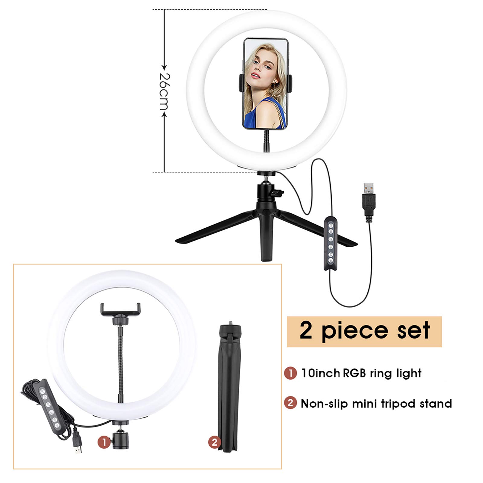 Luce ad Anello, Luce ad Anello a LED da 10 Pollici con 10 Colori RGB dimmerabili e 10 Livelli di luminosità, con Supporto per treppiede per Trucco Live Streaming Video Photography