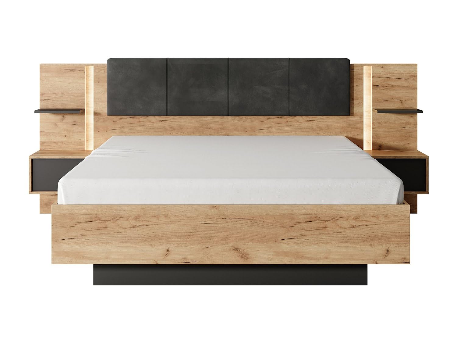 Vente-unique - Lit avec chevets 160 x 200 cm - avec LEDs - Coloris : Naturel et Anthracite - ELYNIA