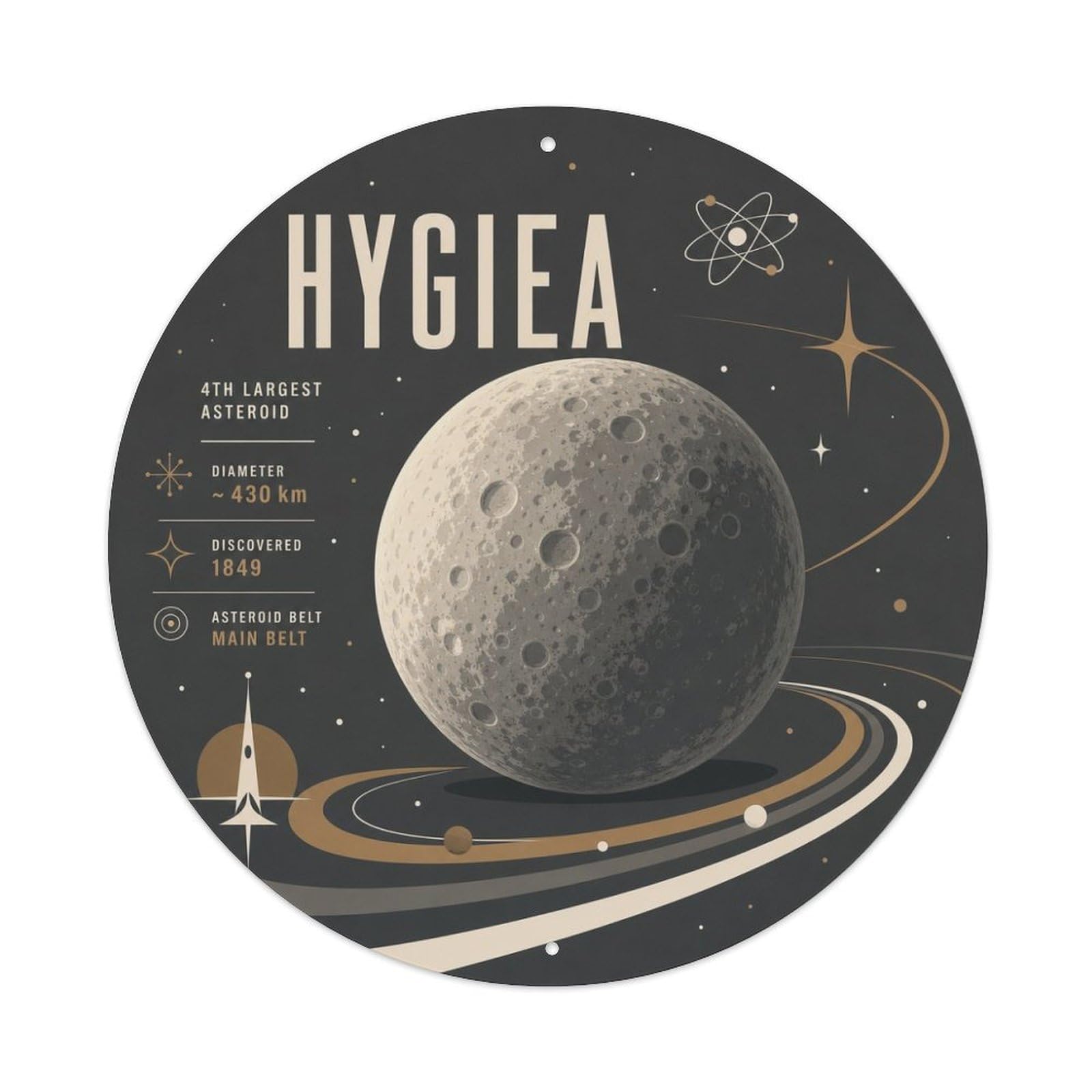 Cosmic Hygiea Asteroid Orbit Astral Galaxy Starscape Metal Tin Sign Plaque Wall Decor for Cafe, Man Cave, Club Bar, Office, Home Garden Round Metal Poster 8x8Inch