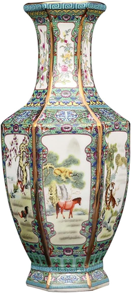 QueenBox® 11" Hexagon & Animals Ceramics Plant Vases, Chinese Painting Landscape Flower Vase Ornaments Traditional Porcelain Table Vase