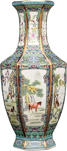 QueenBox Jarrones de planta de cerámica hexagonal y animales, pintura china, florero de flores de paisaje, adornos tradicionales de porcelana