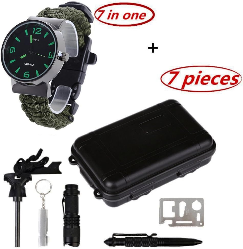 Multi-Functional Outdoor Survival 7 in One Paracord Compass Watch+Professional Outdoor Survival Tools 7 Sets (Army green)