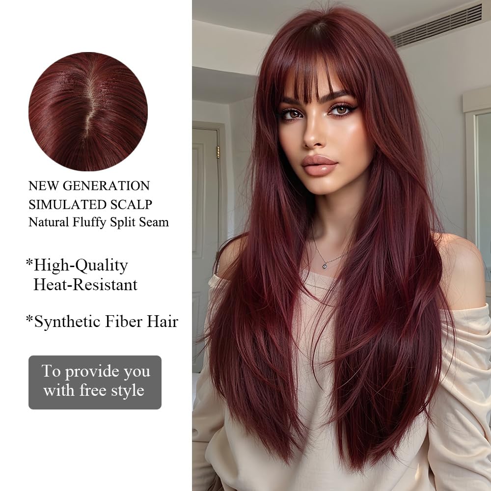 OUFEI Wine Red Wigs for Women with Bangs Long Natural Straight Synthetic Hair Heat Resistant Wigs for Daily Party Cosplay Wear - Image 3
