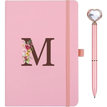 Personalised A5 Notebook with Initials PU Leather Journal with Pen Diary for Adults School Girlfriend Sisters Girls Children Women Birthday Graduation Gift Mother's Day Gift M