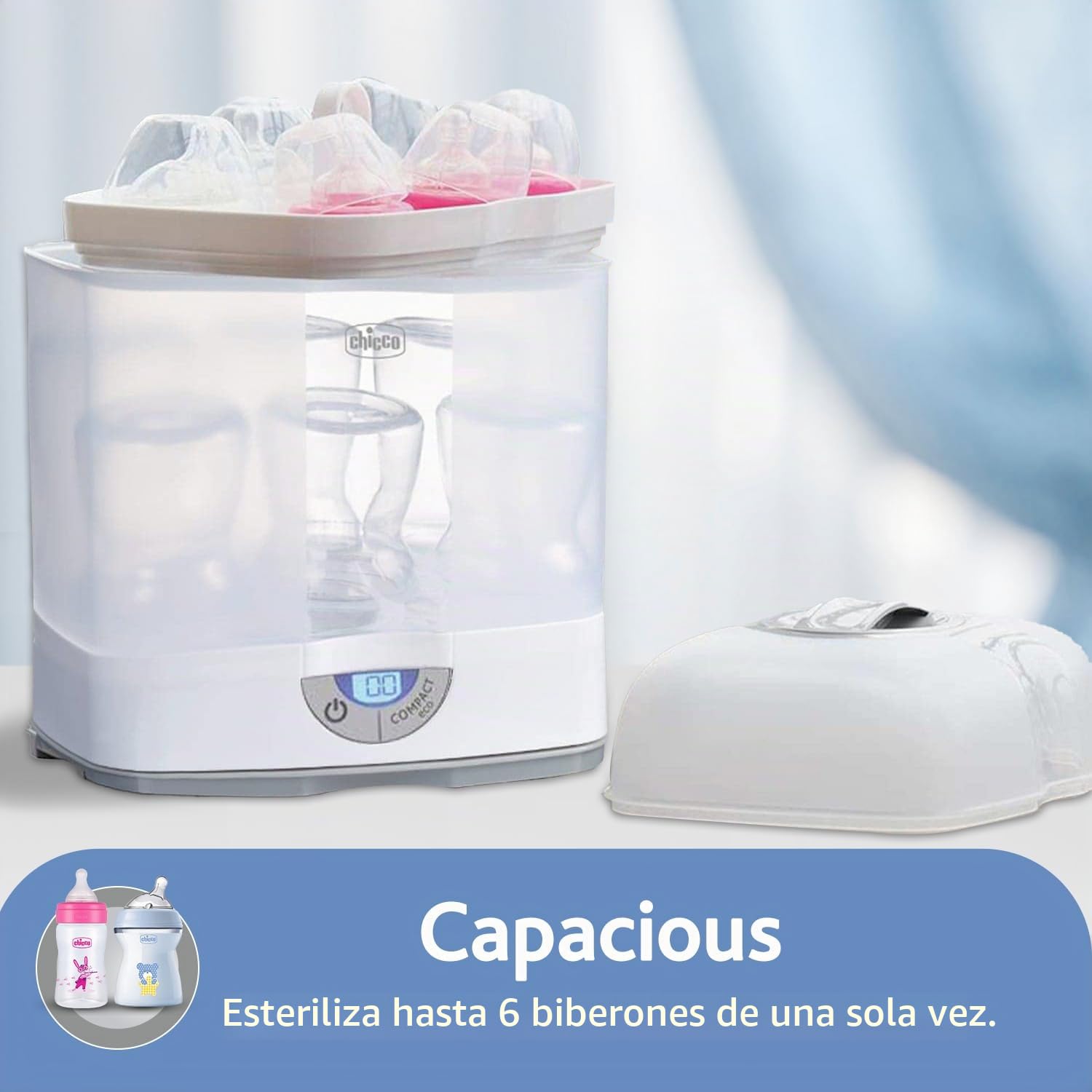 Chicco SterilNatural Esterilizador de Biberones 3 en 1, Esterilizador Natural de Vapor para Microondas con 3 Configuraciones, Rápido y Fácil de Usar, Hasta 6 Biberones de 330 ml o Chupetes, Blanco
