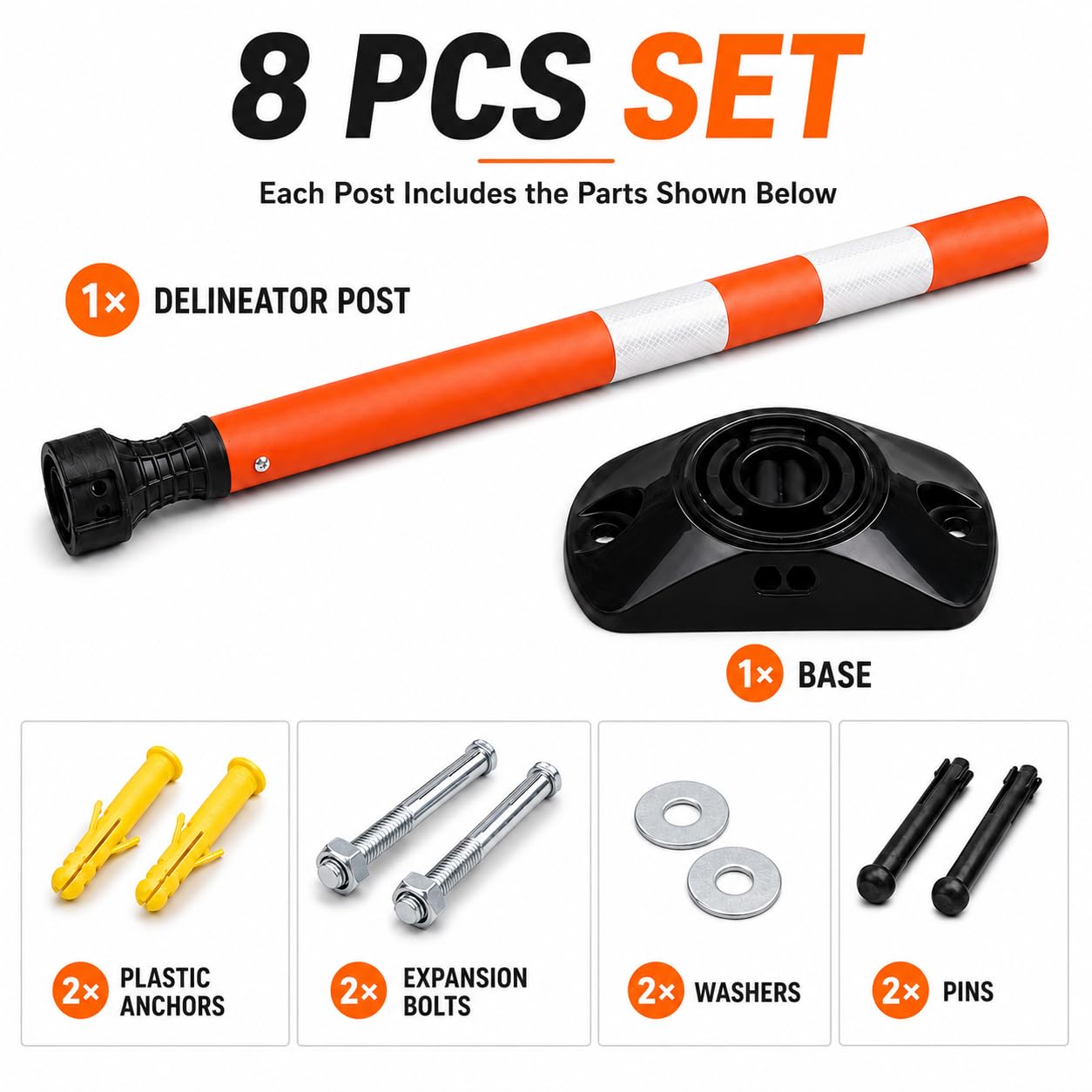 Set di 8 Paletti Segnaletici Flessibili da 91 cm – Resistente agli Urti, Auto-Raddrizzante e Riflettente – Ideale per Ingressi, Parcheggi e Marciapiedi (Arancione)