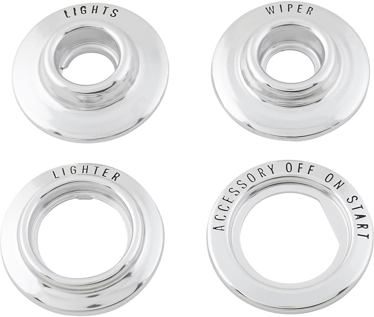 Speedway Motors Reproduction 4-Piece Dash Bezel Set Compatible with 1966–67 Chevy Nova, Aluminum Construction with Black Lettering Includes Lighter, Wiper, Headlight & Ignition