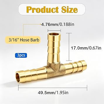 3pcs 3/16 (5mm) Brass Tee Barb Fittings,3 Way Union Intersection Fitting T Shape Barbed Splitter Fitting Splicer with Hose Clamps for Water Fuel Air H-058-3/16