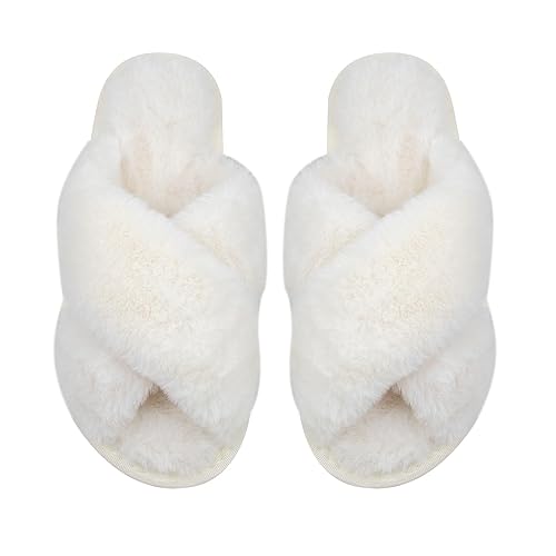 Fluffy Womens House Slippers Cross Band Open Toe,Soft Plush Fleece