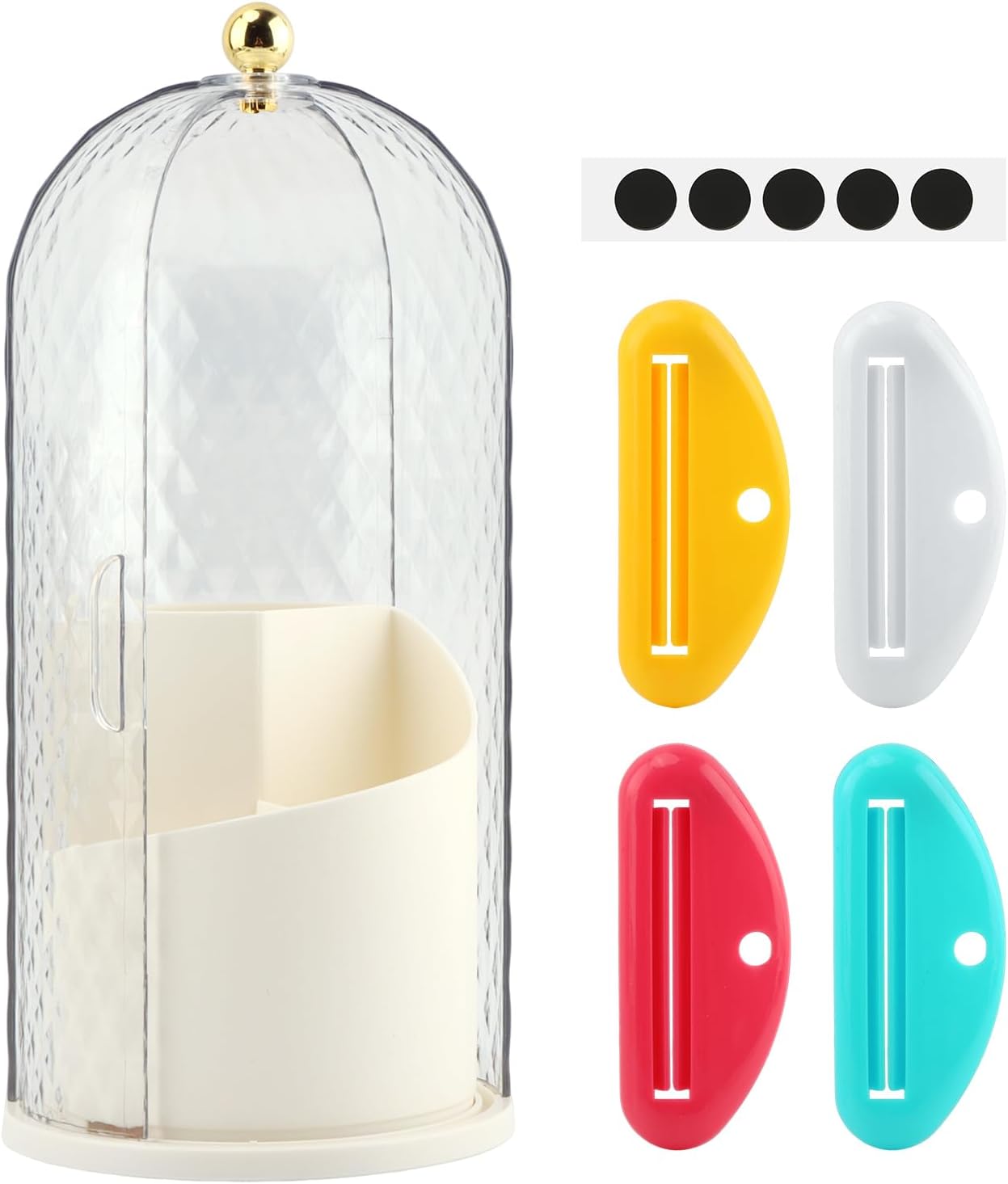 Rotating Toothbrush Holder with Sliding Lid, 3-Slot Bathroom Countertop Organizer with 4 Toothpaste Squeezers, Toothbrush and Makeup Brush Holder