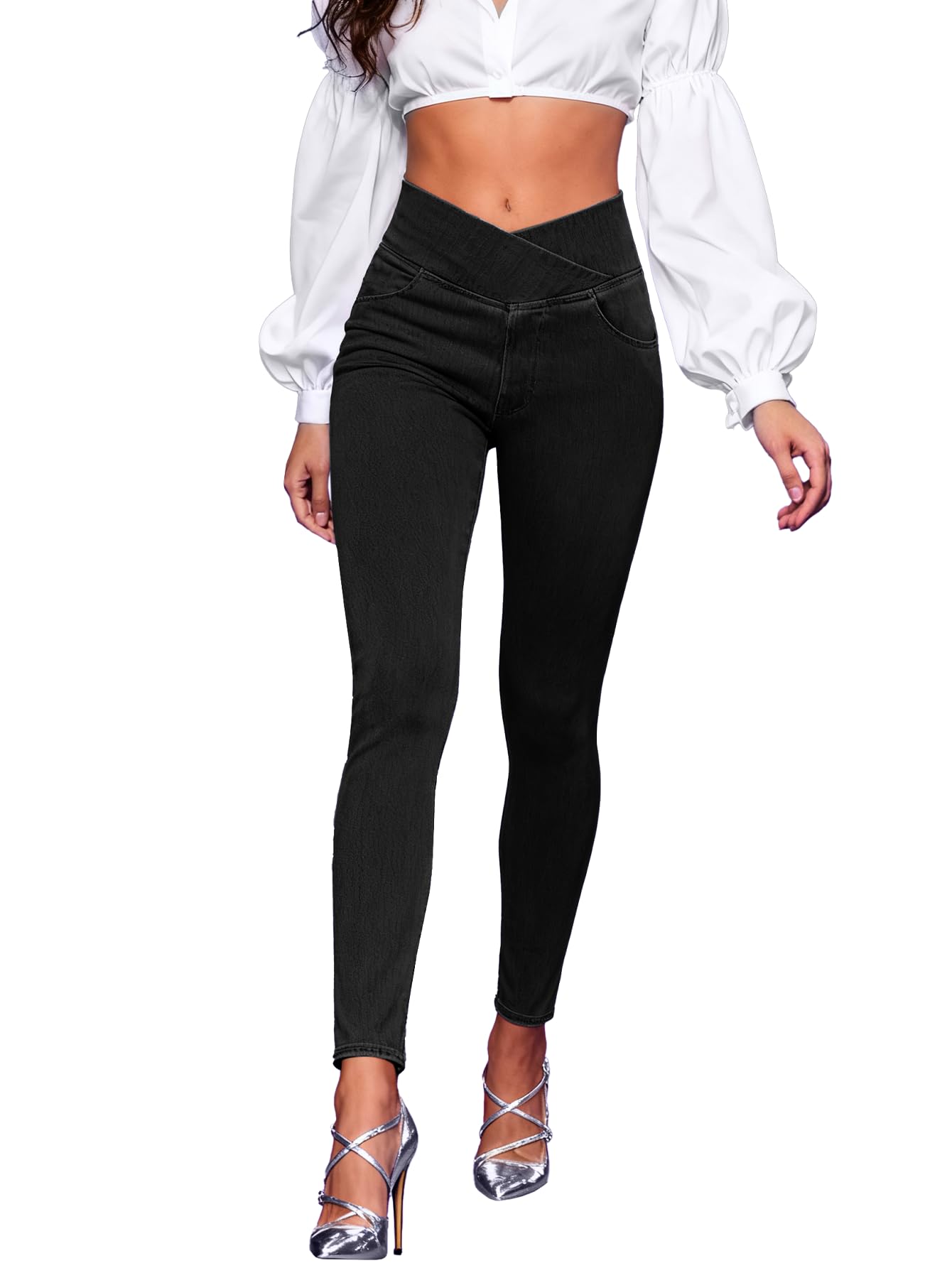 AIMILIA Crossover Jeggings for Women Tummy Control High Waist Pull On Stretchy Jeans Denim Leggings with Pockets Slimming