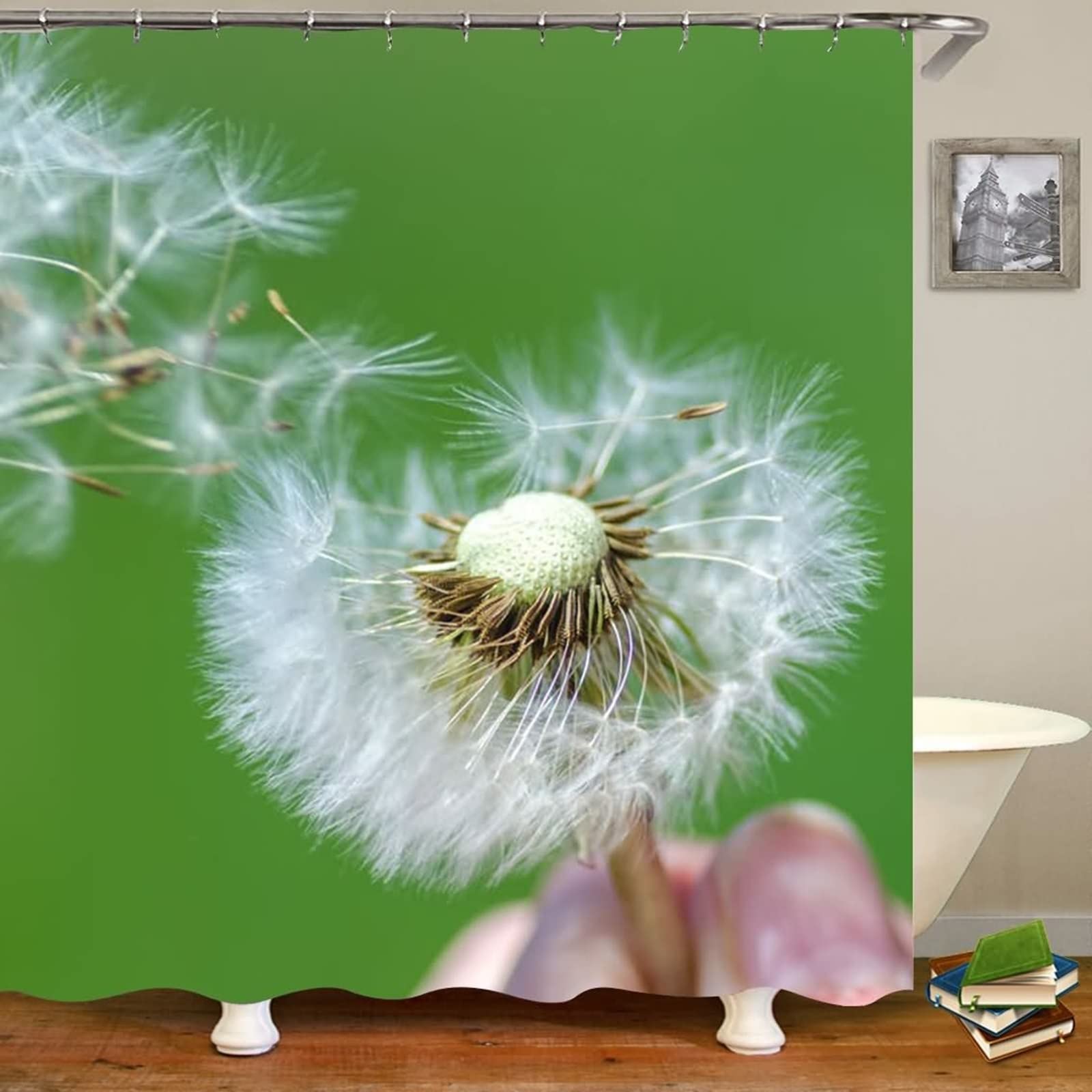 Rideau de douche pissenlit blanc vert pour une salle de bain nature et lumineuse 180x200