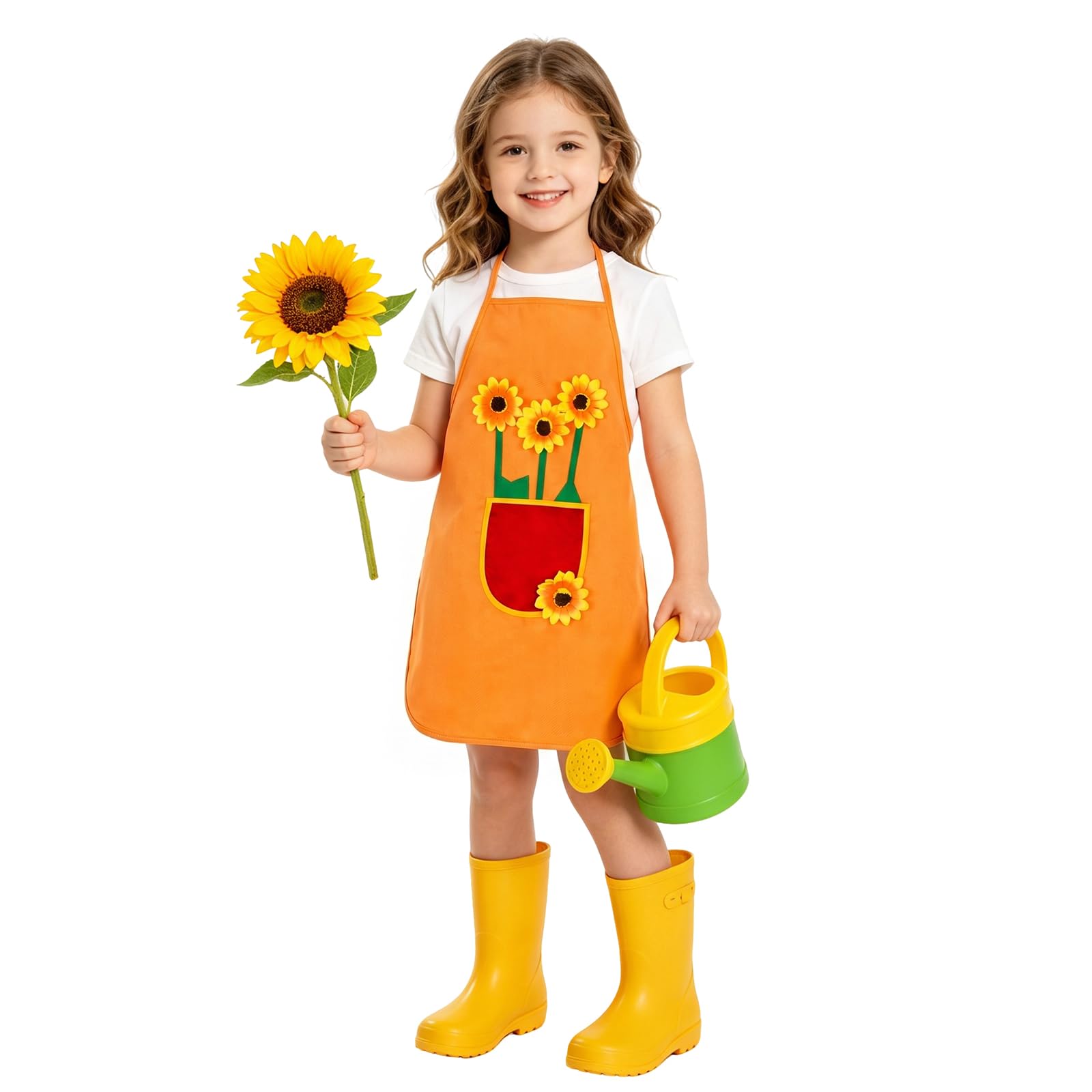 AYBUY Kids Aprons, Adjustable Sunflowers Children's Apron with Pockets, Cartoon Style Child Chef Aprons, Children Kitchen Apron for Painting Baking Artist and Gardening（Style A, Orange）