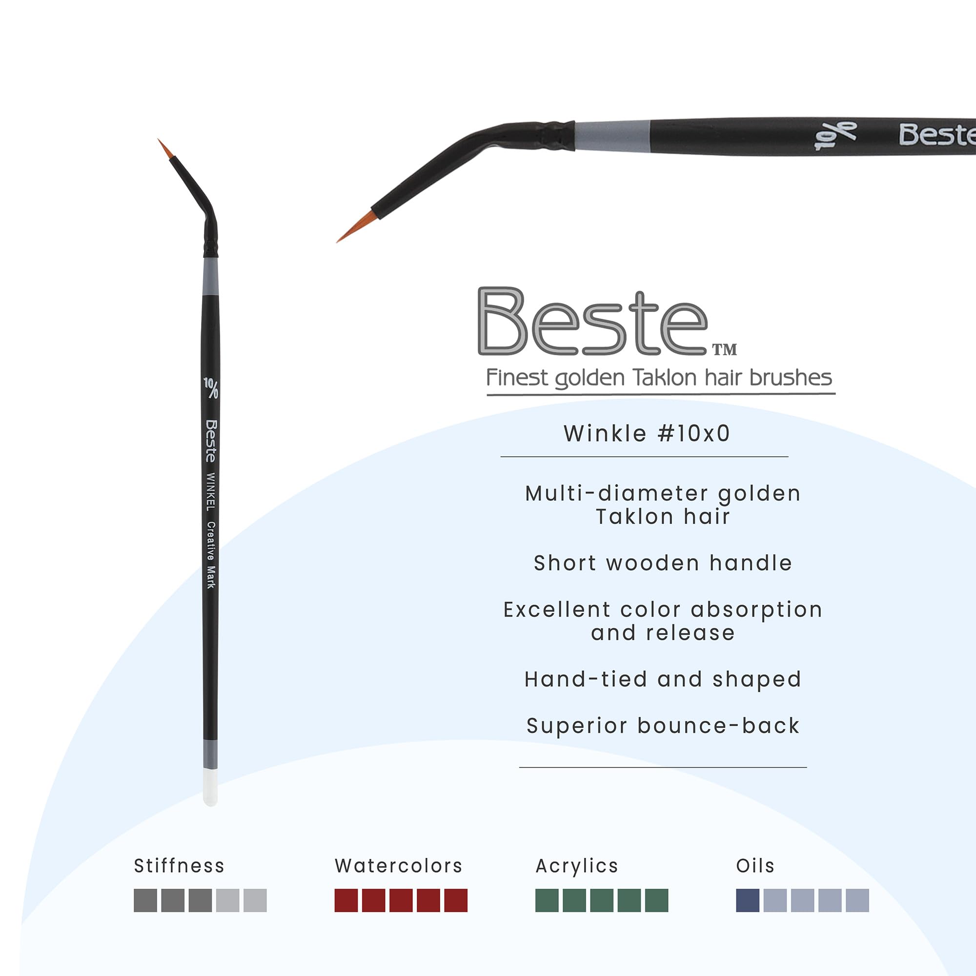 Creative Mark Beste Golden Taklon Winkle #0-3 Pack Artist Brush, Professional Watercolor Brushes, for Acrylic Painting, Short Handle, Sharp Edges, Hand-Tied & Shaped