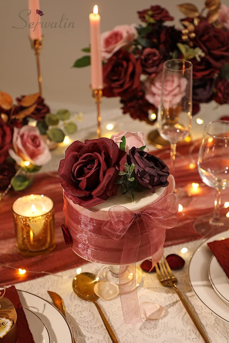 Serwalin Burgundy Artificial Flowers, Burgundy and Pink Silk Fake Flowers for DIY Wedding Decoration, Deep Red Flowers for Cake Bridal Bouquet Table Centerpieces Party Baby Shower - Image 5