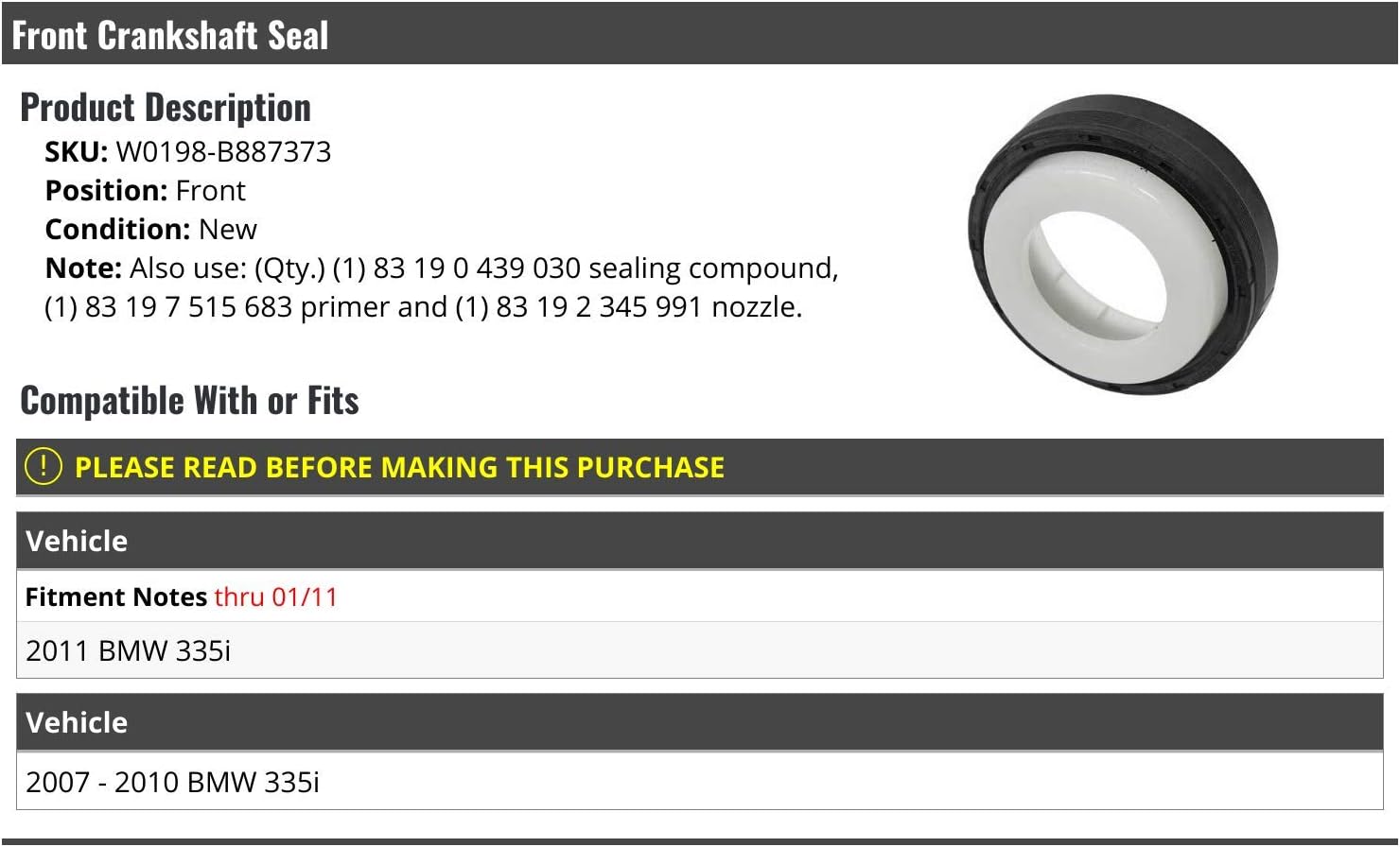 Marketplace Auto Parts Front Crankshaft Seal - Compatible with 2007-2011 BMW 335i